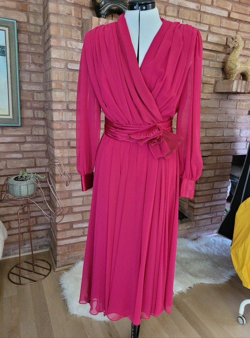 Miss Elliette Fuchsia Chiffon Pleated Wrap Midi Dress Sz4